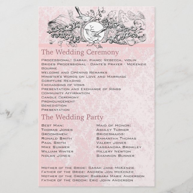 Vintage Birds Pink Musical Scroll Wedding Program (Front)