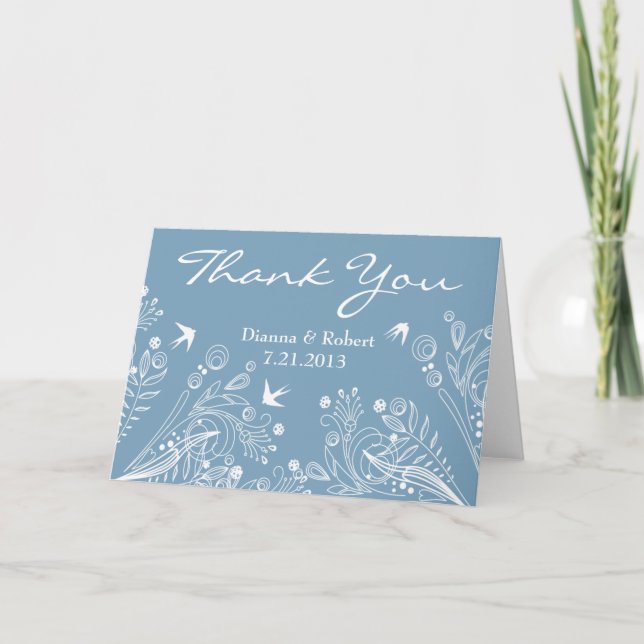 Vintage Birds Powder Blue Thank You Wedding Card (Front)