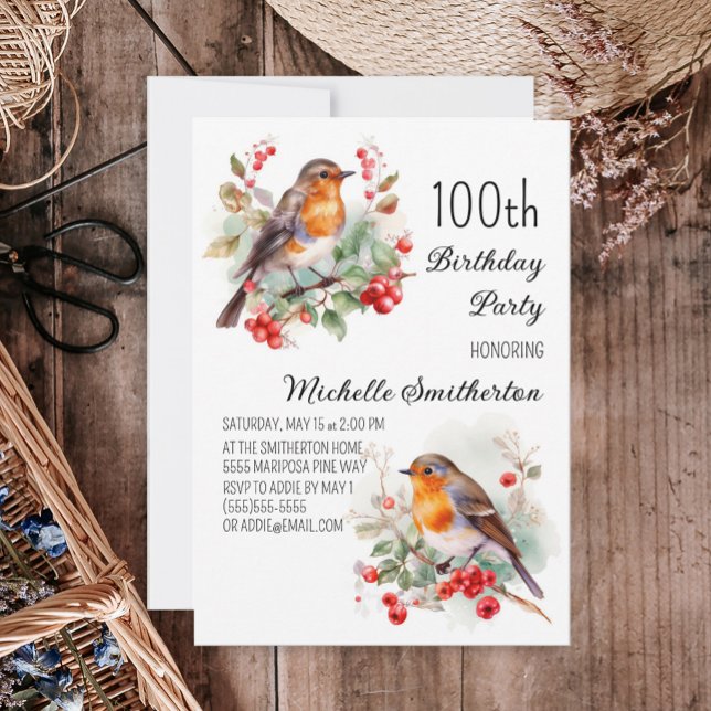 Vintage Birds Robin Redbreast 100th Birthday Invitation (Creator Uploaded)
