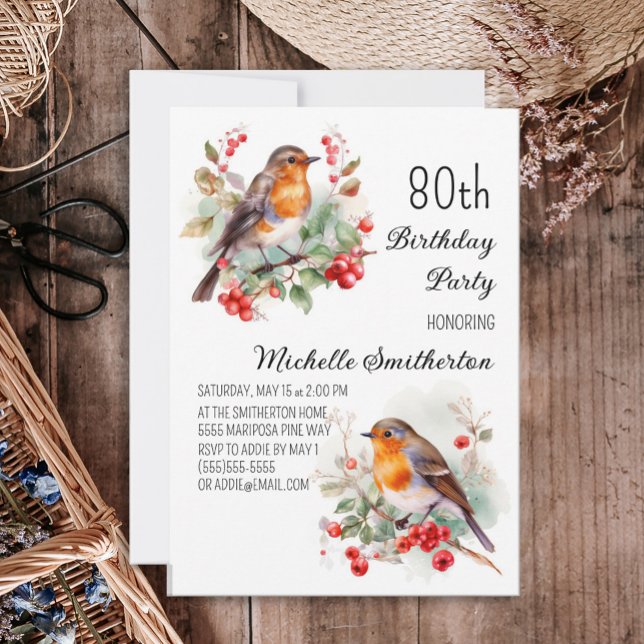 Vintage Birds Robin Redbreast 80th Birthday Invitation (Creator Uploaded)