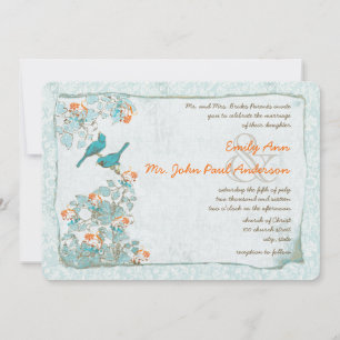 Vintage Birds Turquoise and Orange Damask Wedding Invitation
