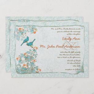 Vintage Birds Turquoise and Orange Damask Wedding Invitation