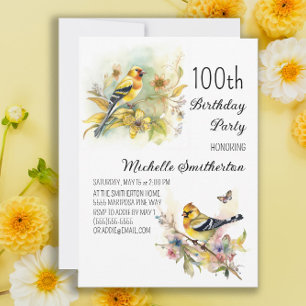 Vintage Birds Yellow Goldfinch 100th Birthday Invitation