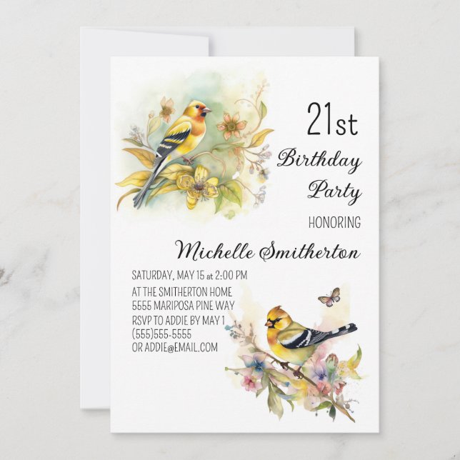 Vintage Birds Yellow Goldfinch 21st Birthday Invitation (Front)
