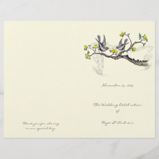 Vintage Birds Yellow & Grey Wedding Program (Front)