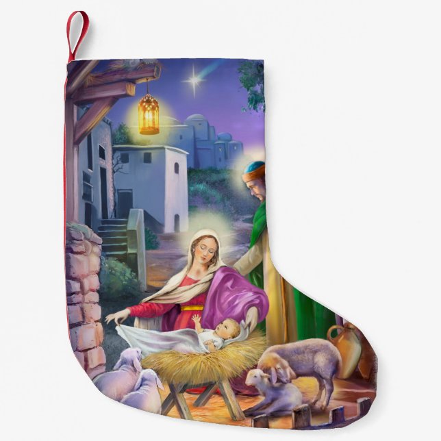 Vintage birth of Jesus scene Small Christmas Stocking (Front)