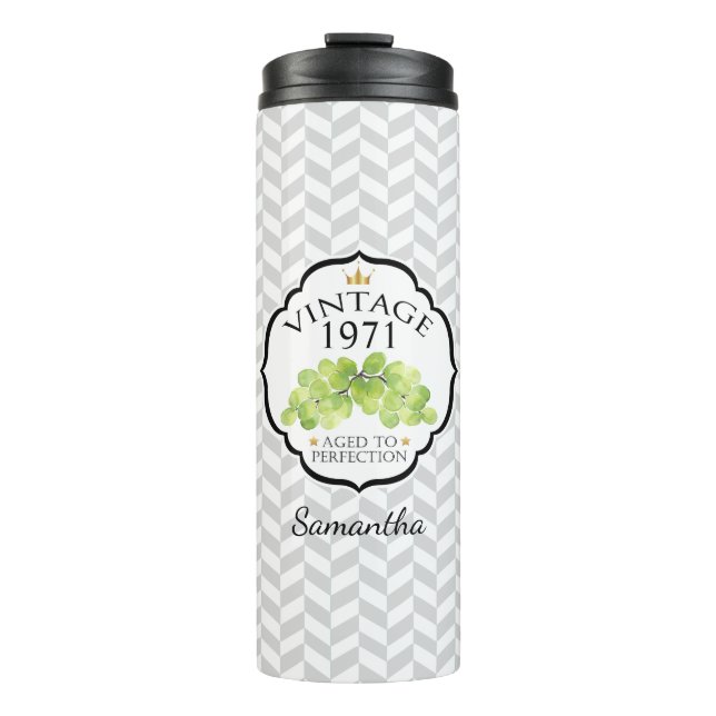 Vintage Birth Year with White Grapes Thermal Tumbler (Front)