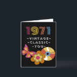 Vintage Birthday 1971 Retro Design for Friend Card<br><div class="desc">Born in 1971 Vintage Birthday for Friend. Vintage,  Classic,  You text on the cover. A retro butterfly,  LP record,  and flower are featured on the cover. Art,  image,  and verse copyright © Shoaff Ballanger Studios,  2022.</div>