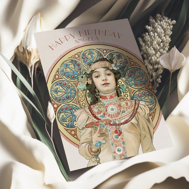 Vintage Birthday Card Alphonse Mucha Champagne (Creator Uploaded)