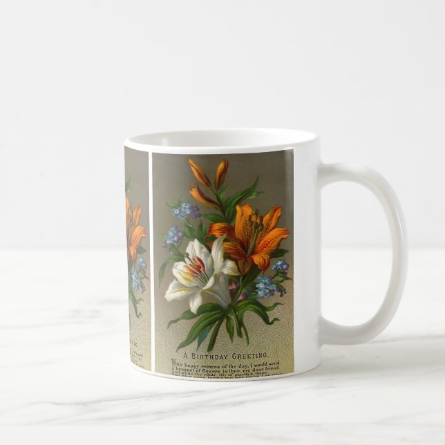 Vintage Birthday Greetings with Lily Flowers Coffee Mug (Right)