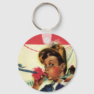 Vintage Birthday Party, Girl with Noise Maker Key Ring