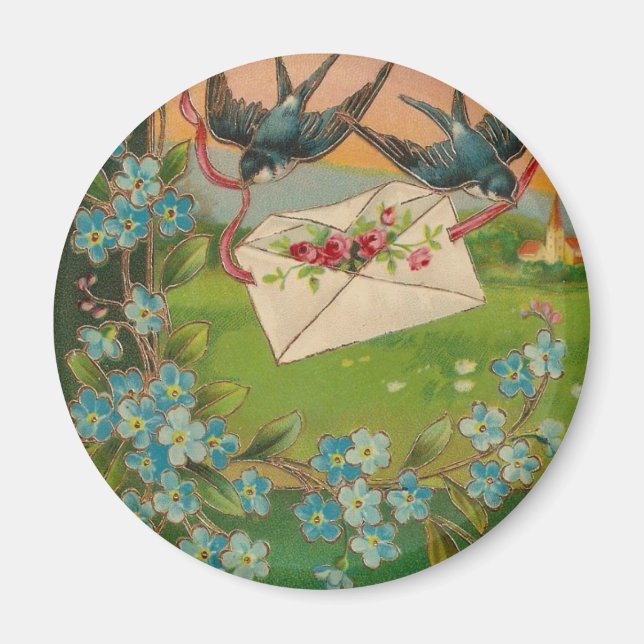 Vintage Birthday Postcard Birds and Flowers Magnet (Front)