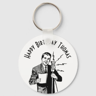 Vintage Birthday Radio Announcer Key Ring