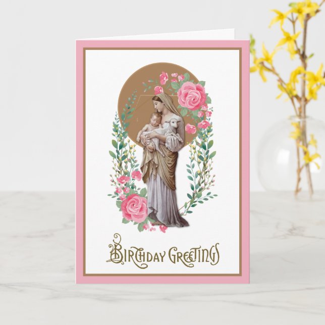 Vintage Birthday Religious Virgin Mary Floral Card (Yellow Flower)