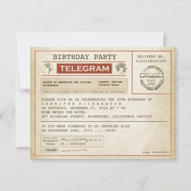 vintage birthday telegram invitation (Front)