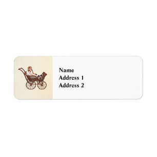 Vintage Bisque Doll in Wicker Carriage Return Address Label