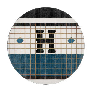 Vintage Bistro Tile Turquoise and Gold Monogram Cutting Board