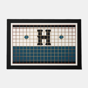 Vintage Bistro Tile Turquoise and Gold Monogram Doormat