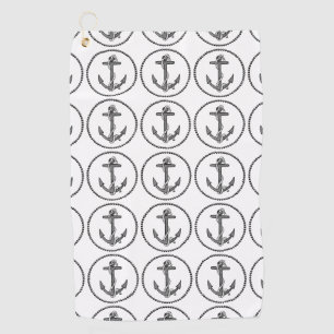 Vintage Black Anchor and Rope Pattern Golf Towel