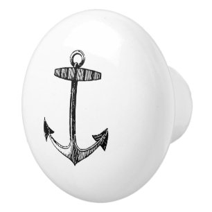 Vintage Black Anchor on White Nautical Drawer knob
