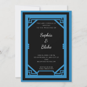 Vintage Black and Blue Art Deco Wedding Invitation