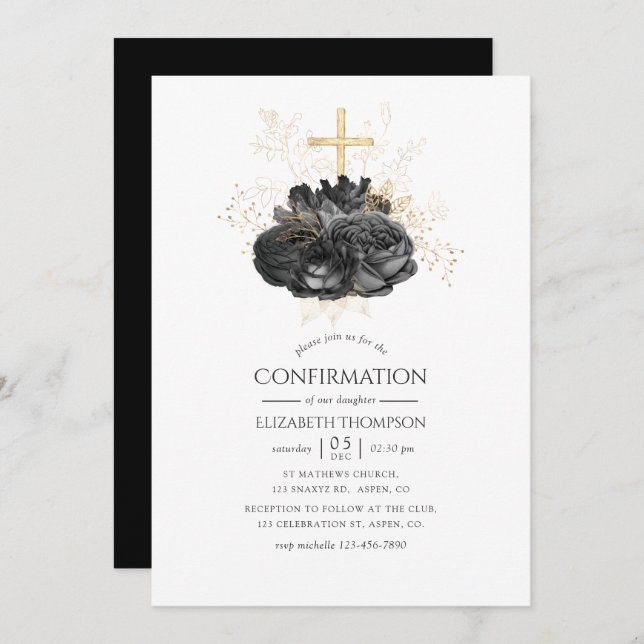 Vintage Black and Gold Floral Confirmation Invitation (Front/Back)