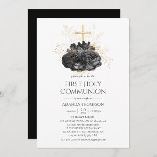 Vintage Black and Gold Floral First Holy Communion Invitation