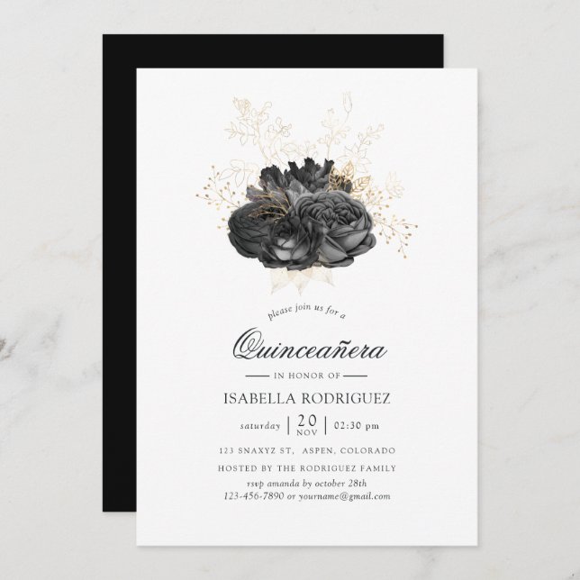 Vintage Black and Gold Floral Quinceañera Invitation (Front/Back)