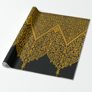 Vintage Black and Gold Indian Floral Pattern Wrapping Paper