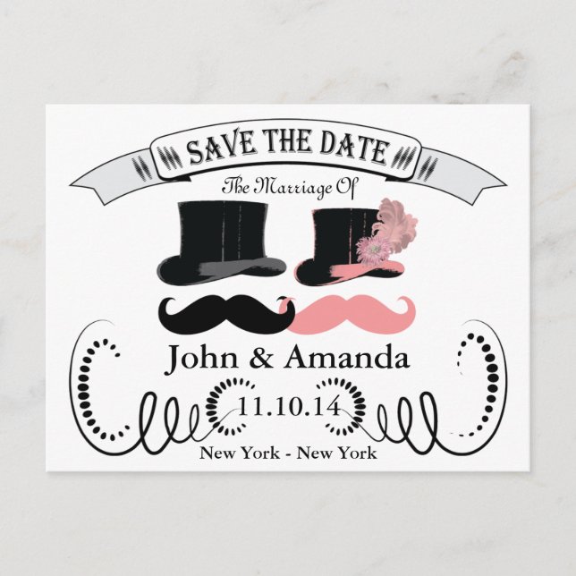 Vintage Black and Pink Moustache Announcement Postcard (Front)