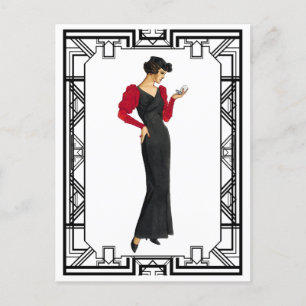 Vintage Black and Red 1930s Evening Gown Postcard
