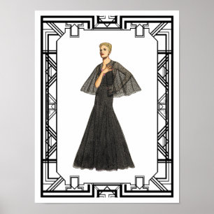 Vintage Black and White 1940s Silk Gown Fashion Poster
