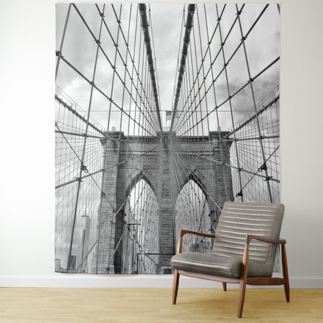 Vintage Black and White Bridge NYC wall tapestry (In Situ)