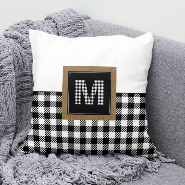 Vintage Black and White Buffalo Plaid Monogram Cushion (Black and White Buffalo Check Gingham Pattern Monogram Pillow )