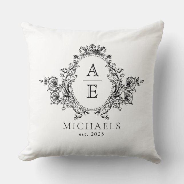 Vintage Black and White Crest Monogram  Cushion (Front)