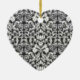 Vintage Black and White Damask Lace Brocade Ceramic Ornament