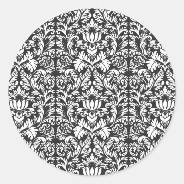 Vintage Black and White Damask Lace Brocade Classic Round Sticker (Front)