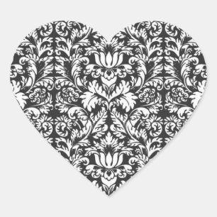 Vintage Black and White Damask Lace Brocade Heart Sticker