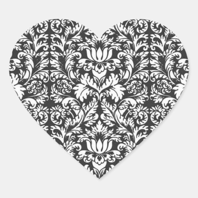 Vintage Black and White Damask Lace Brocade Heart Sticker (Front)
