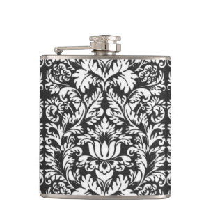 Vintage Black and White Damask Lace Brocade Hip Flask