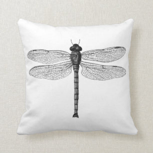 Vintage Black and White Dragonfly Illustration Cushion