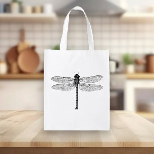 Vintage Black and White Dragonfly Illustration Reusable Grocery Bag