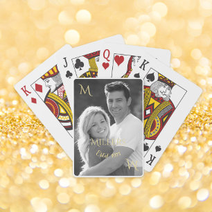 Vintage Black and White Family Photo Gold Monogram Playing Cards