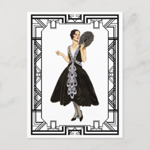 Vintage Black and White Flapper Evening Dress Postcard