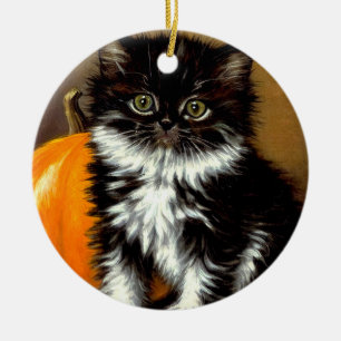 Vintage Black and White Halloween Cat Ceramic Ornament