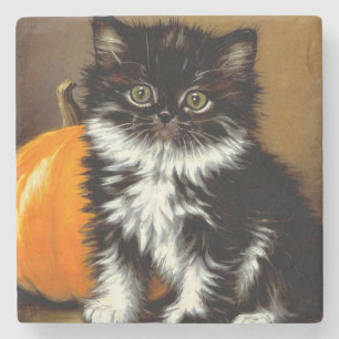 Vintage Black and White Halloween Cat Stone Coaster