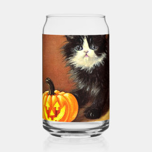 Vintage Black and White Halloween Kitten Can Glass