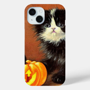 Vintage Black and White Halloween Kitten iPhone 15 Case