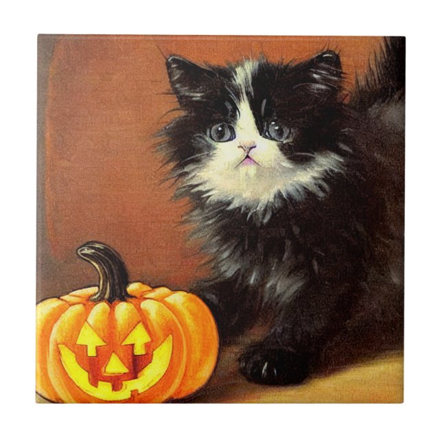 Vintage Black and White Halloween Kitten Ceramic Tile (Front)