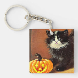 Vintage Black and White Halloween Kitten Key Ring